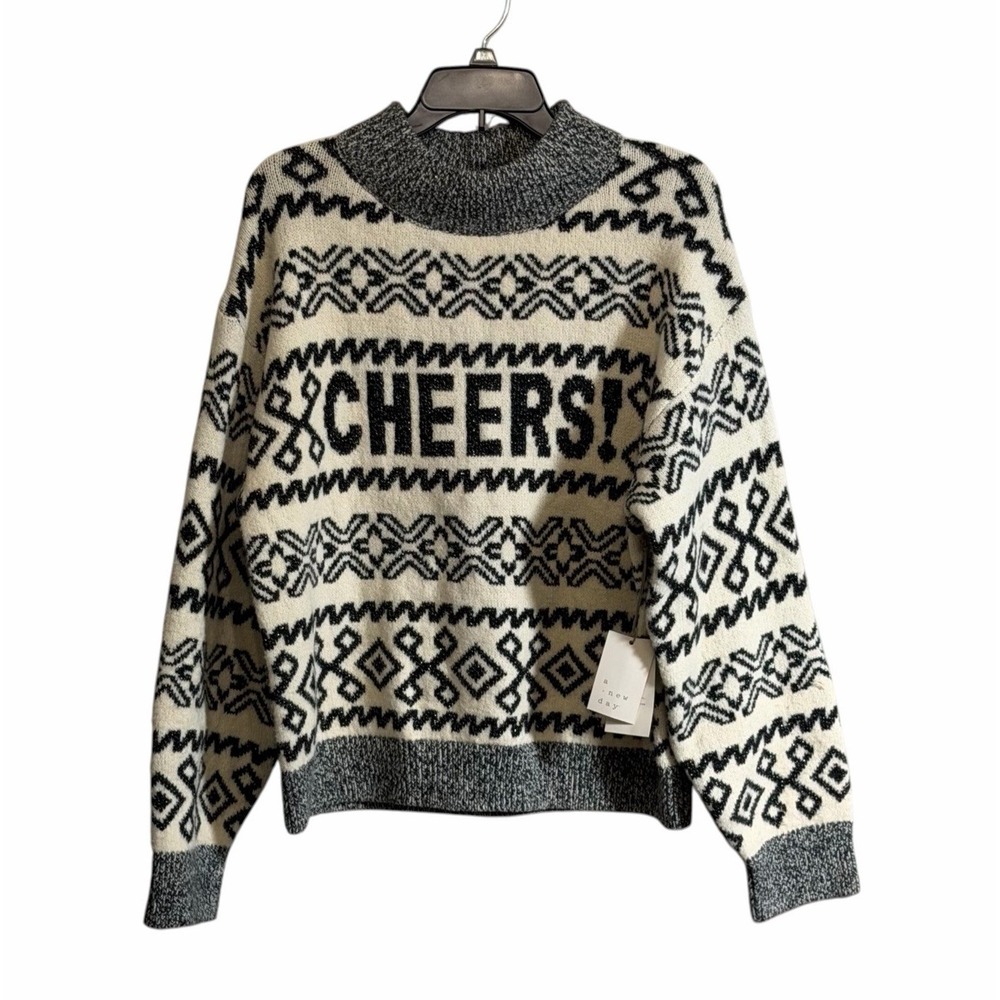A New Day Women Med Cheers Fair Isle Sweater Black Cream NWT Holiday Nordic